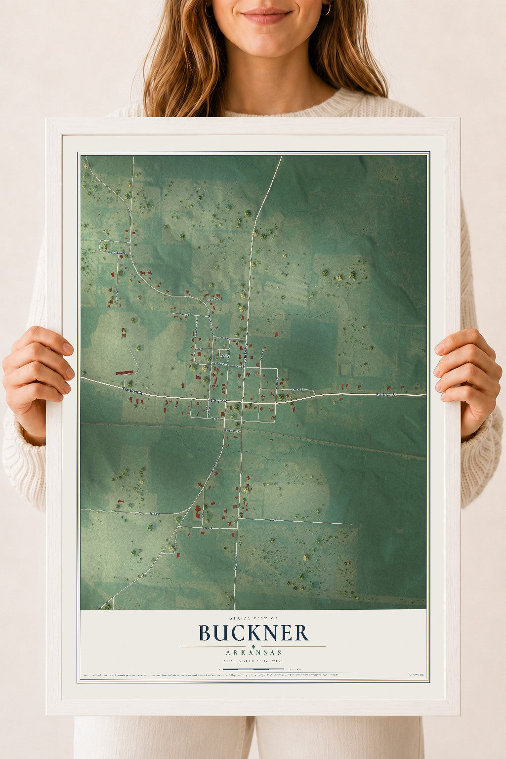 Map of Buckner, Arkansas, 18 x 24 inch print in a white wood frame