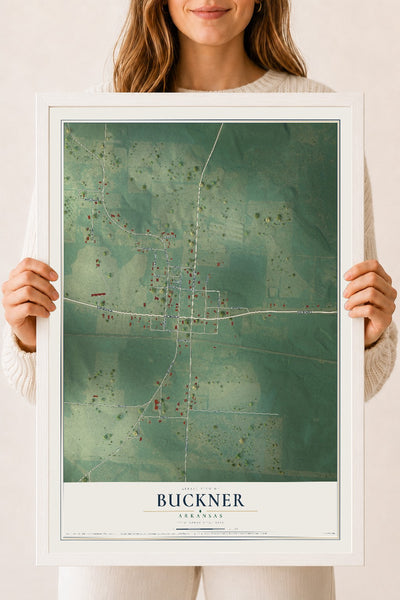 Map of Buckner, Arkansas, 18 x 24 inch print in a white wood frame