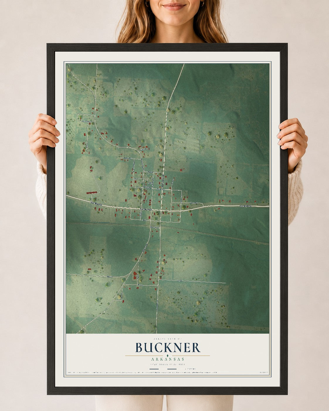 Map of Buckner, Arkansas, 24 x 36 inch print in a black wood frame