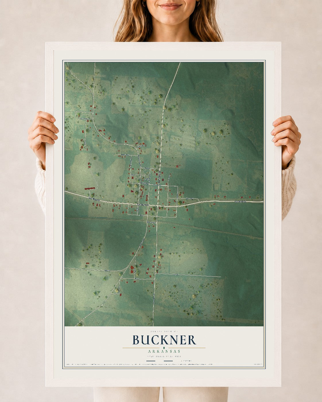 Map of Buckner, Arkansas, 24 x 36 inch print in a white wood frame