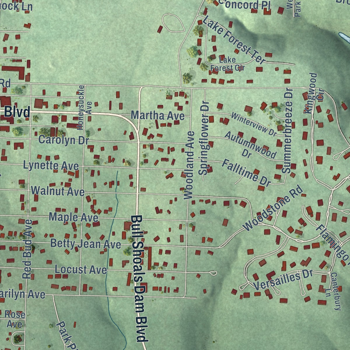 Close-up of the map of Bull Shoals, Arkansas print showing street and building detail