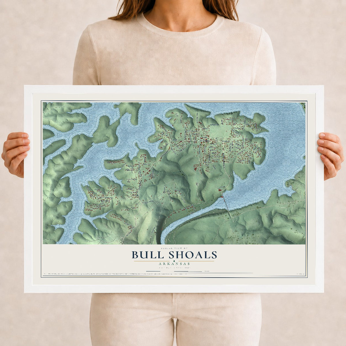 Map of Bull Shoals, Arkansas, 12 x 18 inch print in a white wood frame