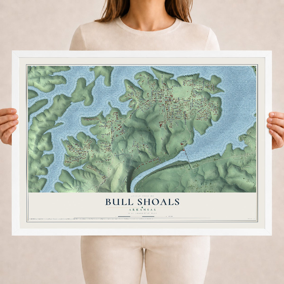 Map of Bull Shoals, Arkansas, 18 x 24 inch print in a white wood frame