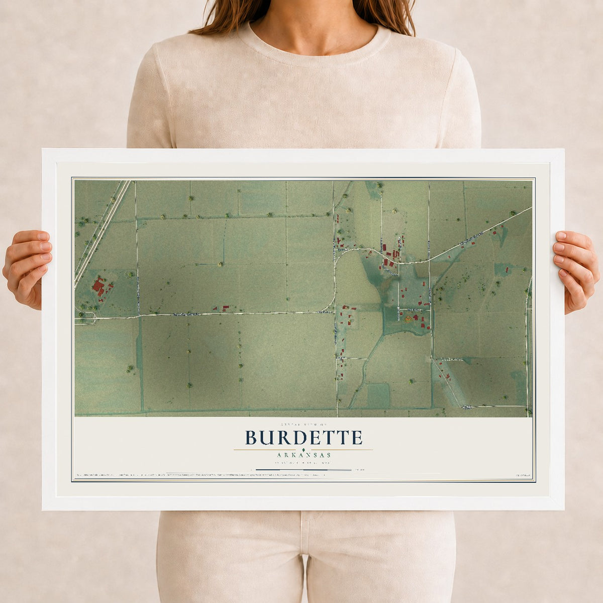 Map of Burdette, Arkansas, 12 x 18 inch print in a white wood frame
