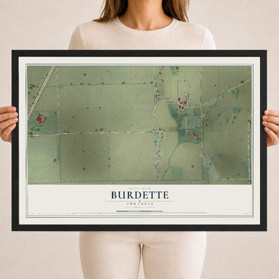 Map of Burdette, Arkansas, 18 x 24 inch print in a black wood frame