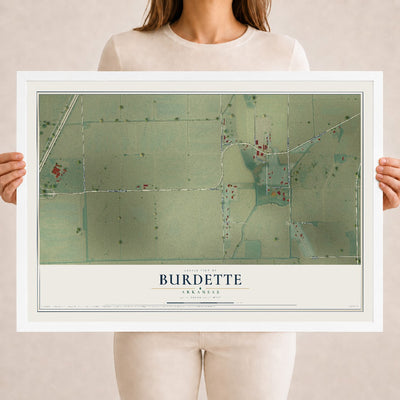 Map of Burdette, Arkansas, 18 x 24 inch print in a white wood frame