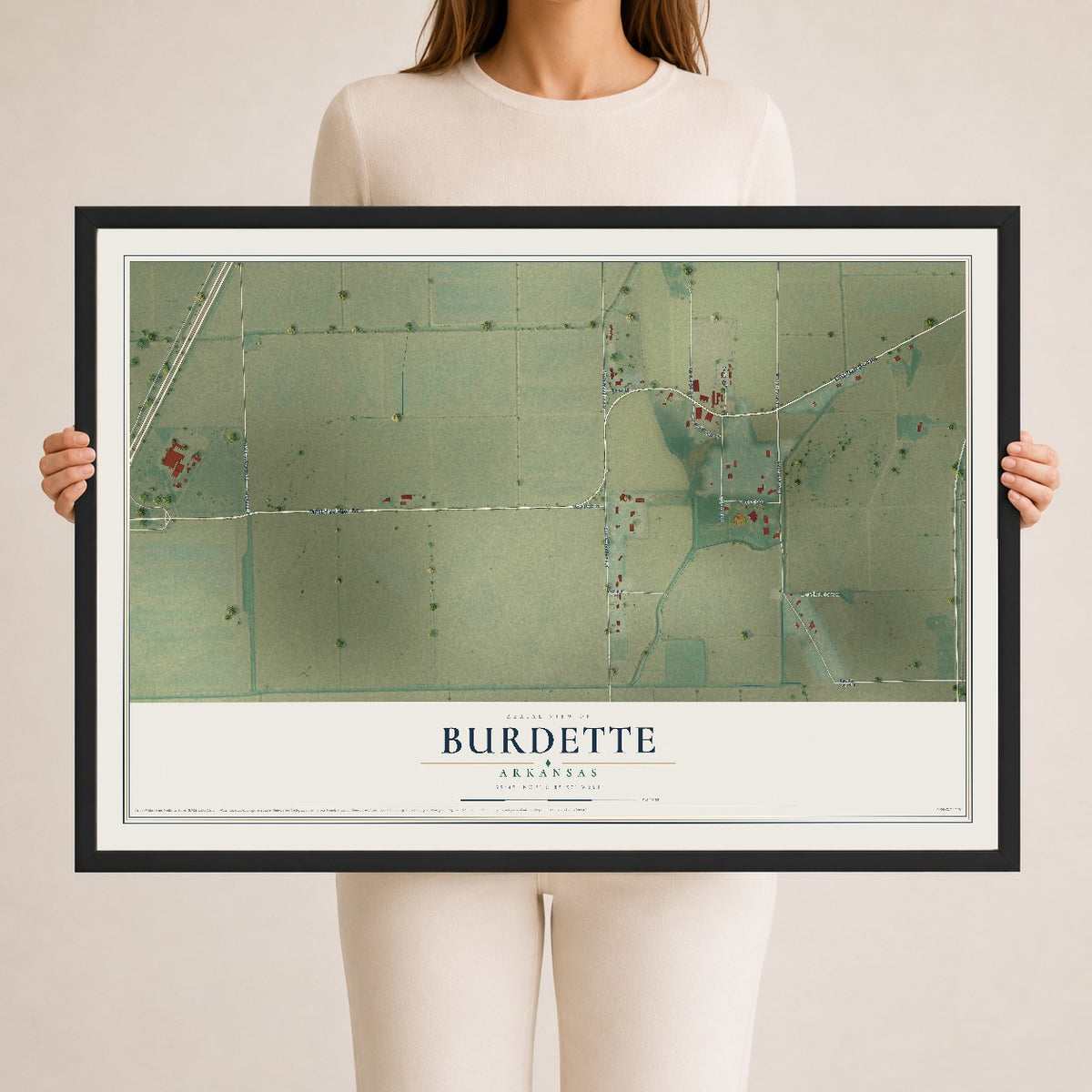 Map of Burdette, Arkansas, 24 x 36 inch print in a black wood frame