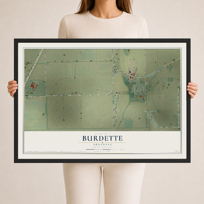 Map of Burdette, Arkansas, 24 x 36 inch print in a black wood frame