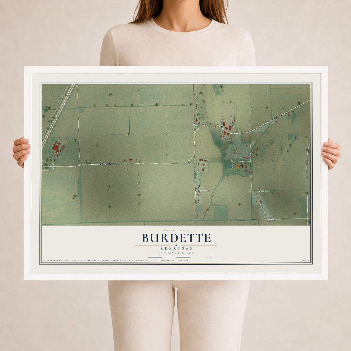 Map of Burdette, Arkansas, 24 x 36 inch print in a white wood frame