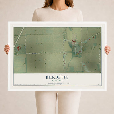 Map of Burdette, Arkansas, 24 x 36 inch print in a white wood frame