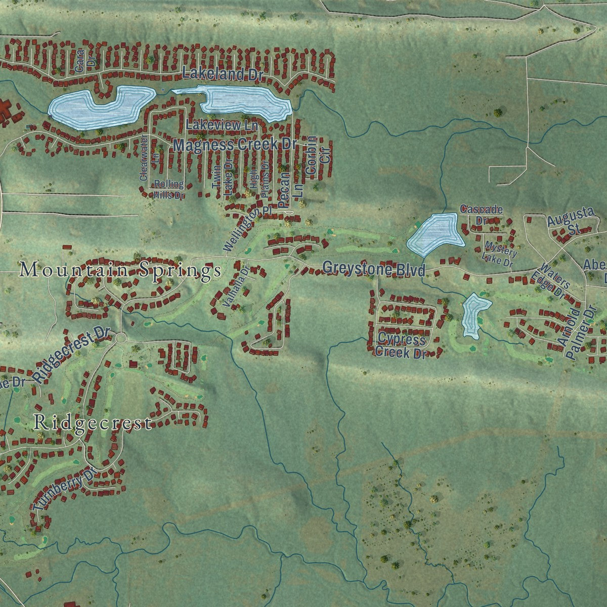 Second close-up of the map of Cabot, Arkansas print showing more streets and buildings