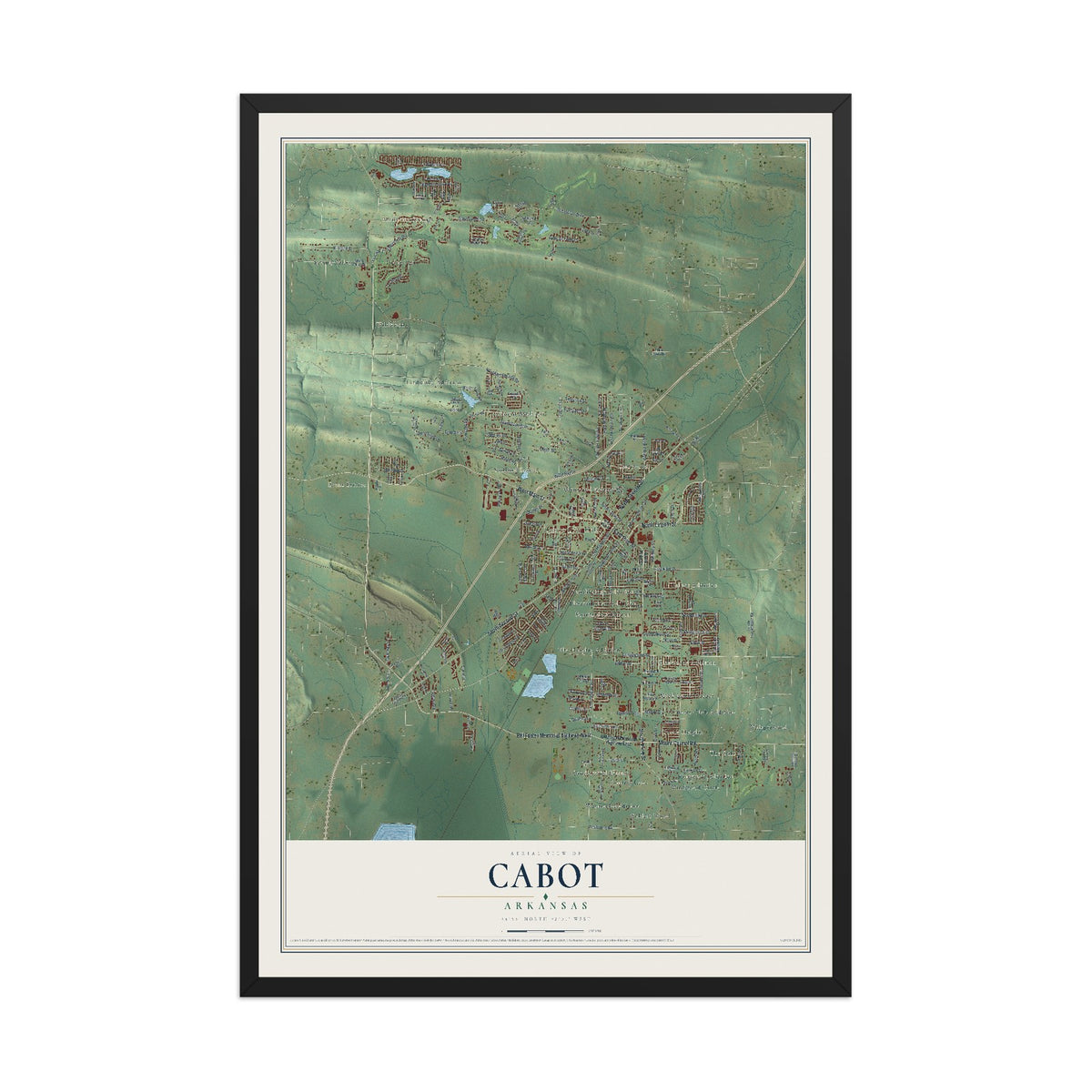 Map of Cabot, Arkansas, 12 x 18 inch print in a black wood frame