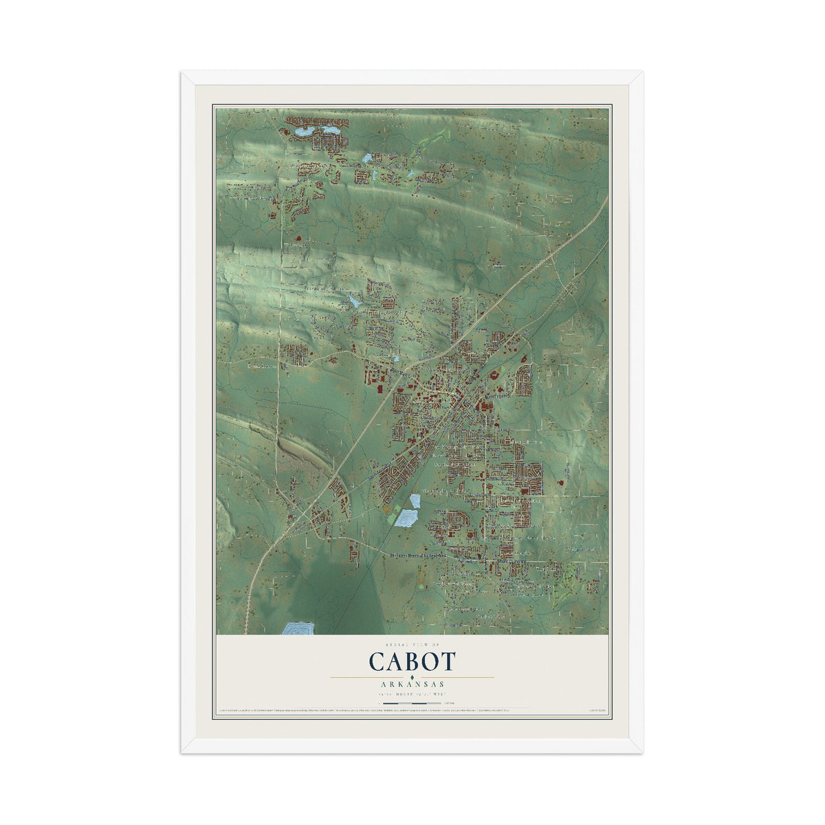 Map of Cabot, Arkansas, 12 x 18 inch print in a white wood frame