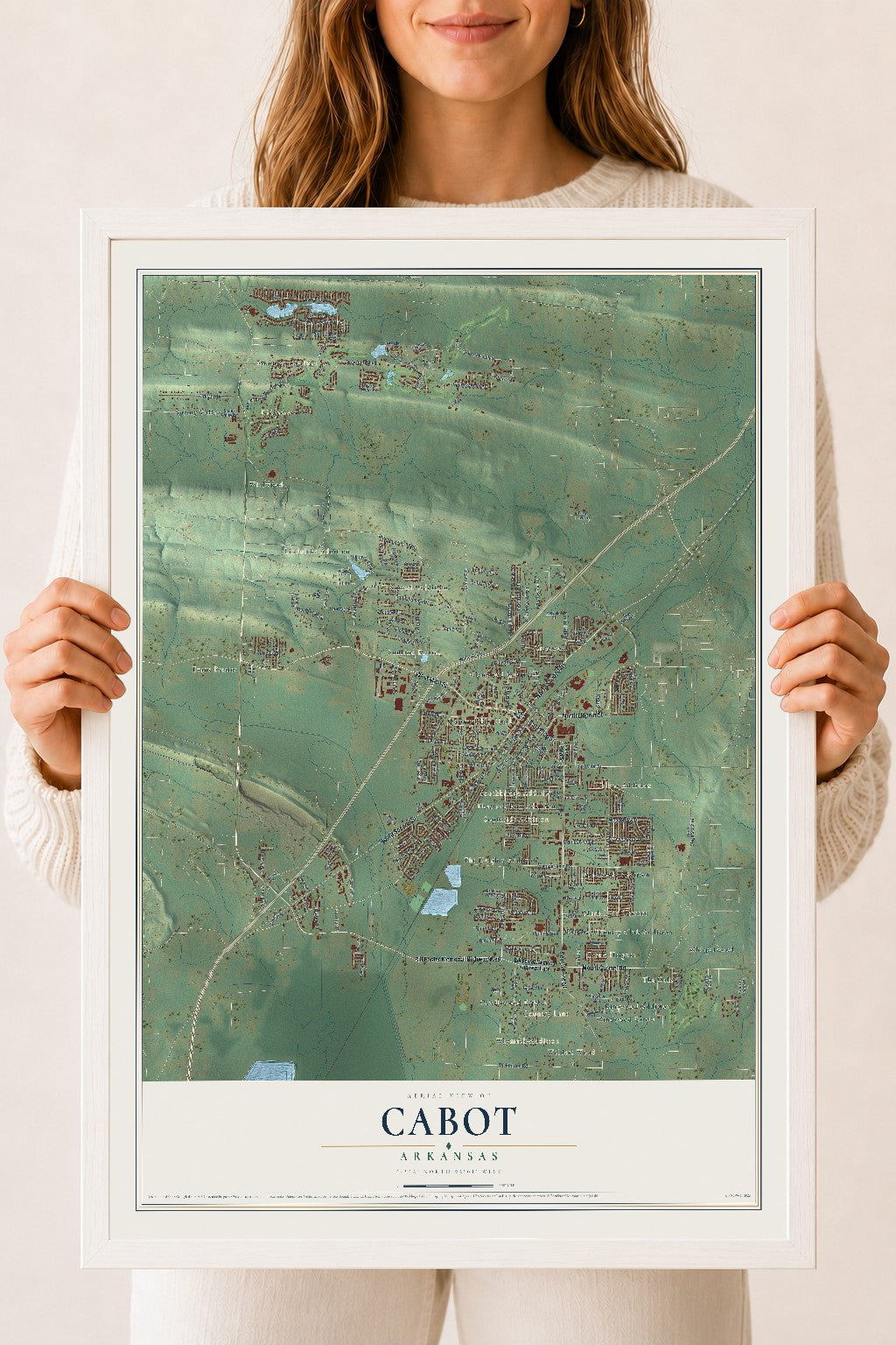 Map of Cabot, Arkansas, 18 x 24 inch print in a white wood frame