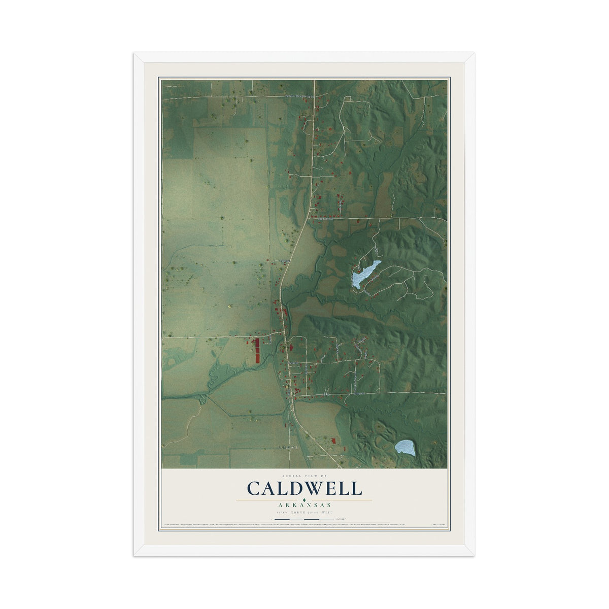 Map of Caldwell, Arkansas, 12 x 18 inch print in a white wood frame