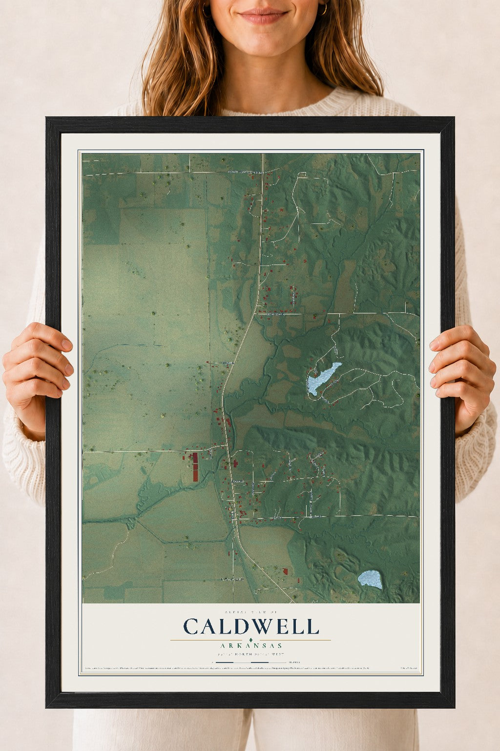 Map of Caldwell, Arkansas, 18 x 24 inch print in a black wood frame