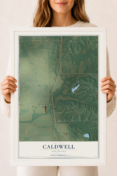 Map of Caldwell, Arkansas, 18 x 24 inch print in a white wood frame