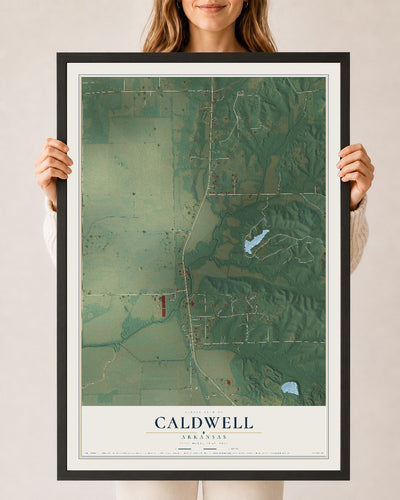 Map of Caldwell, Arkansas, 24 x 36 inch print in a black wood frame