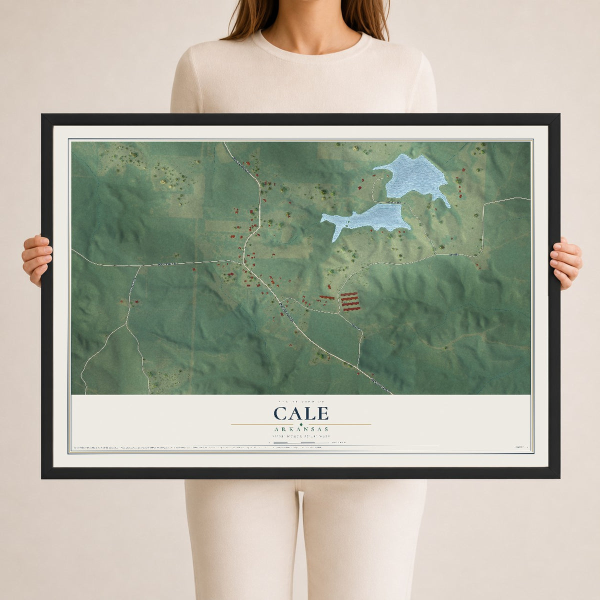 Map of Cale, Arkansas, 24 x 36 inch print in a black wood frame