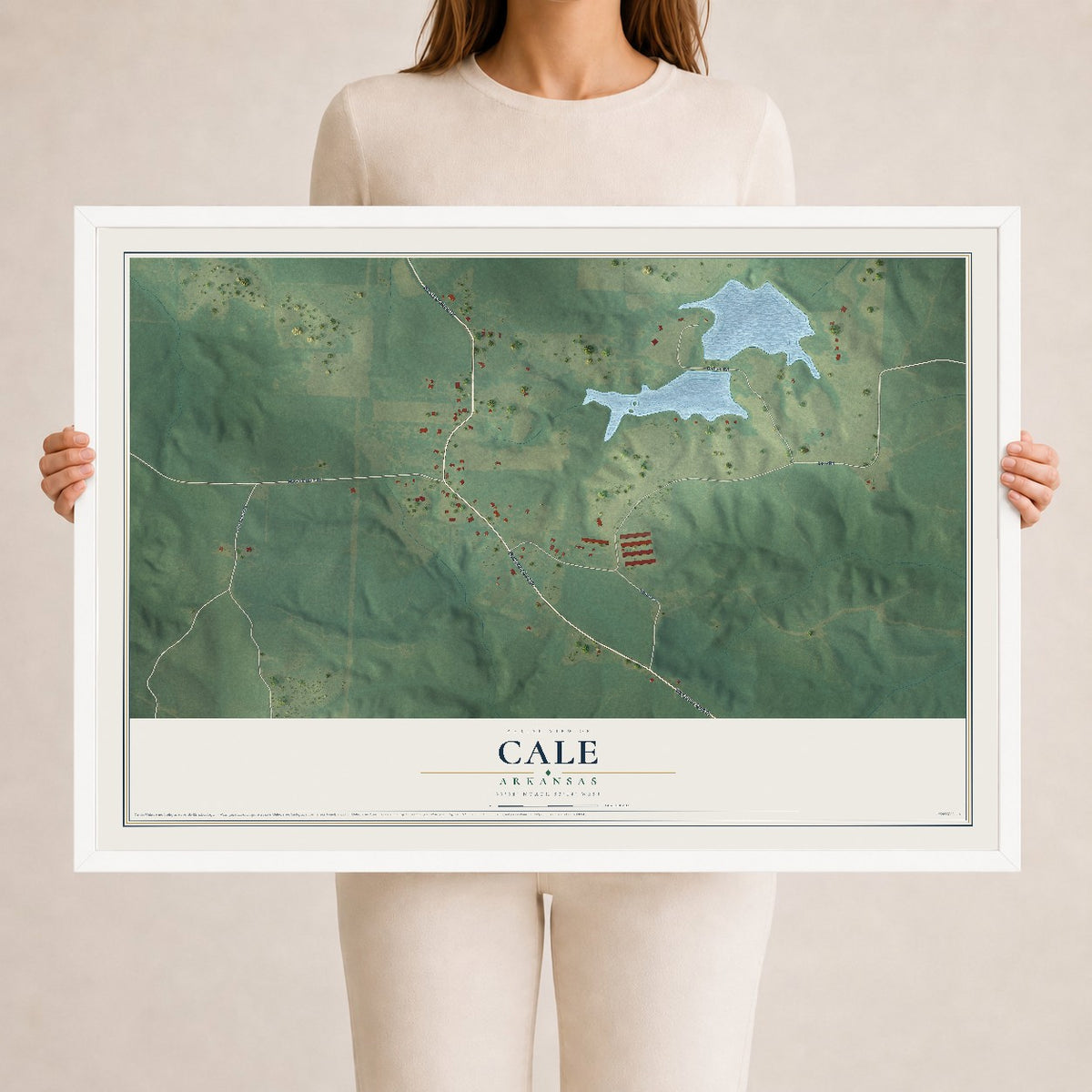 Map of Cale, Arkansas, 24 x 36 inch print in a white wood frame
