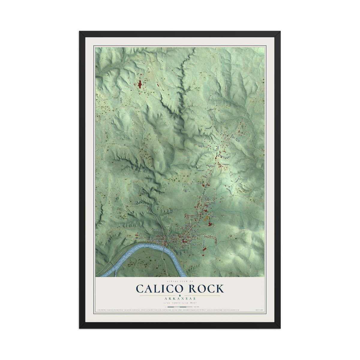 Map of Calico Rock, Arkansas, 12 x 18 inch print in a black wood frame