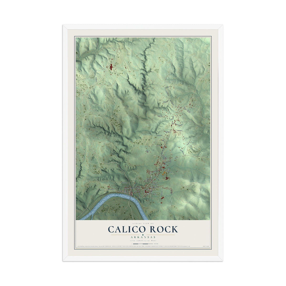Map of Calico Rock, Arkansas, 12 x 18 inch print in a white wood frame