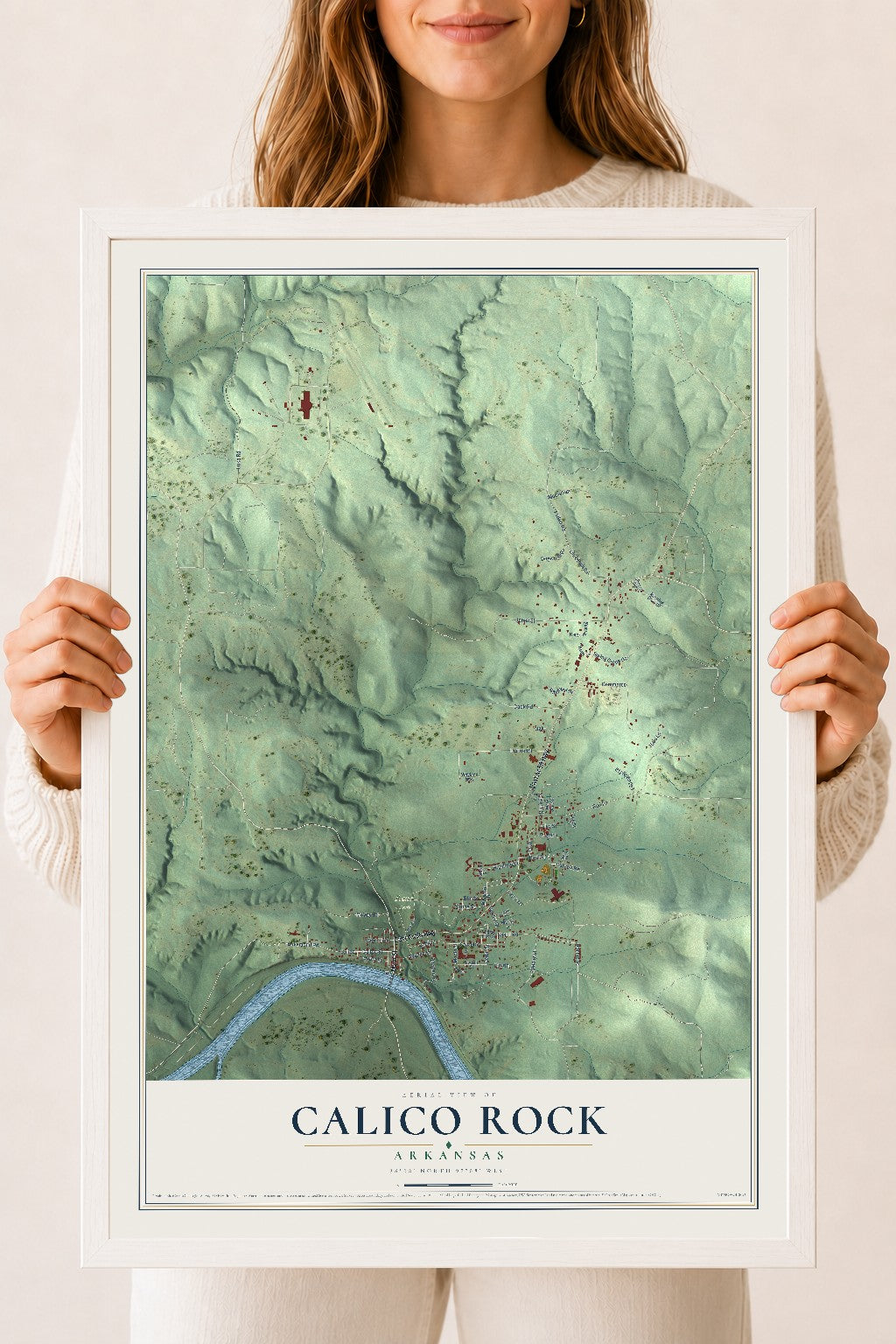 Map of Calico Rock, Arkansas, 18 x 24 inch print in a white wood frame