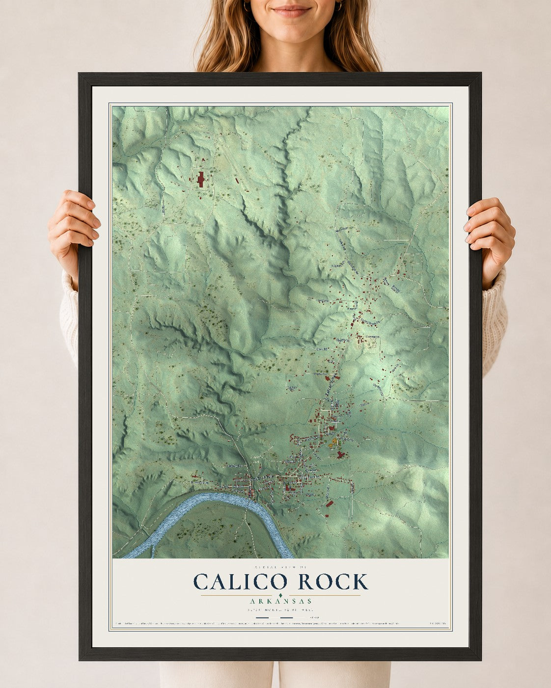 Map of Calico Rock, Arkansas, 24 x 36 inch print in a black wood frame