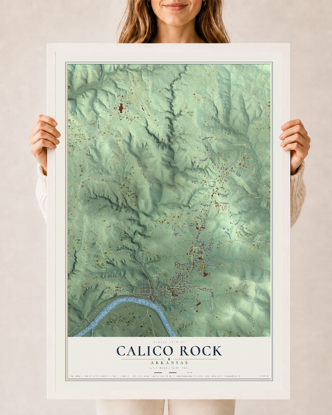 Map of Calico Rock, Arkansas, 24 x 36 inch print in a white wood frame