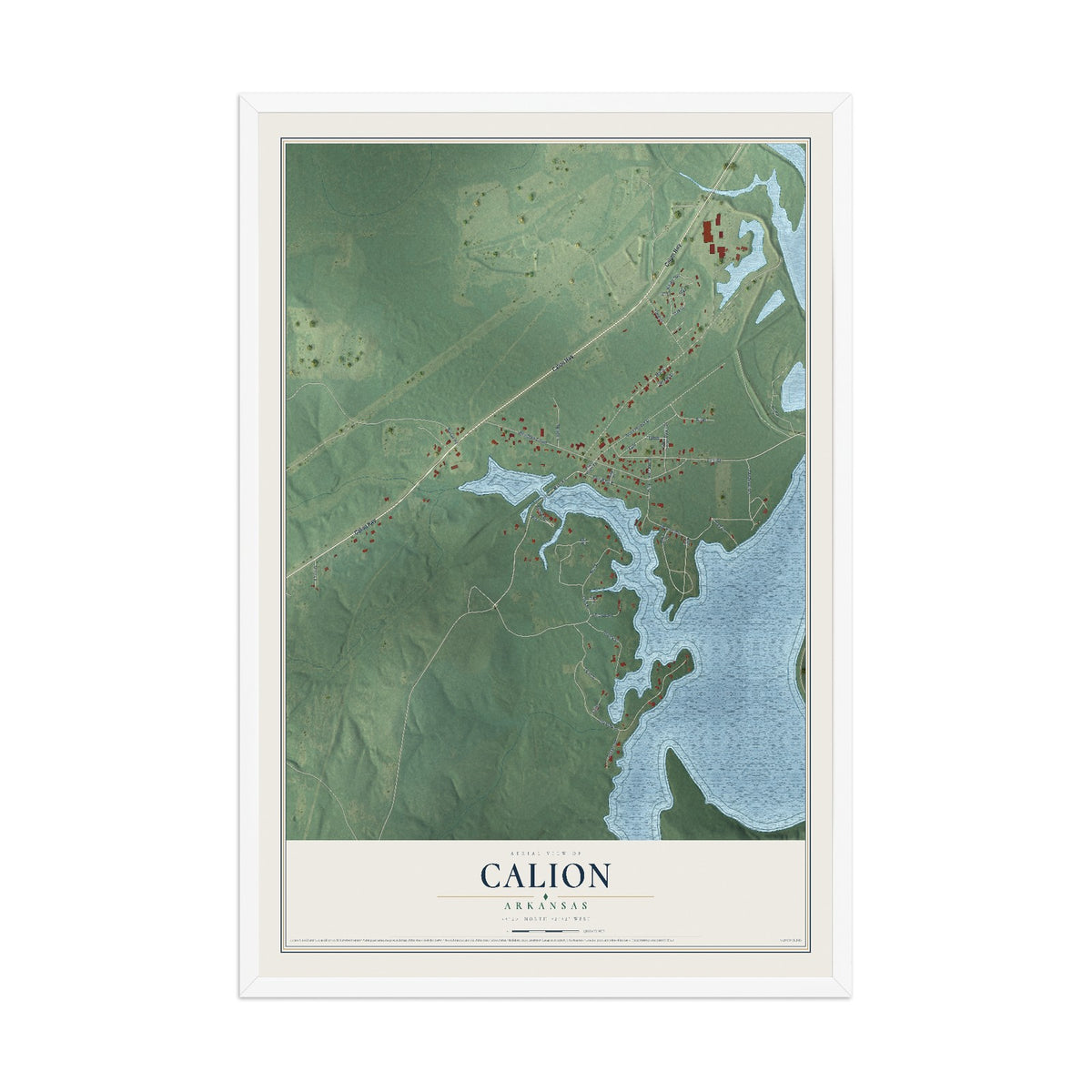 Map of Calion, Arkansas, 12 x 18 inch print in a white wood frame