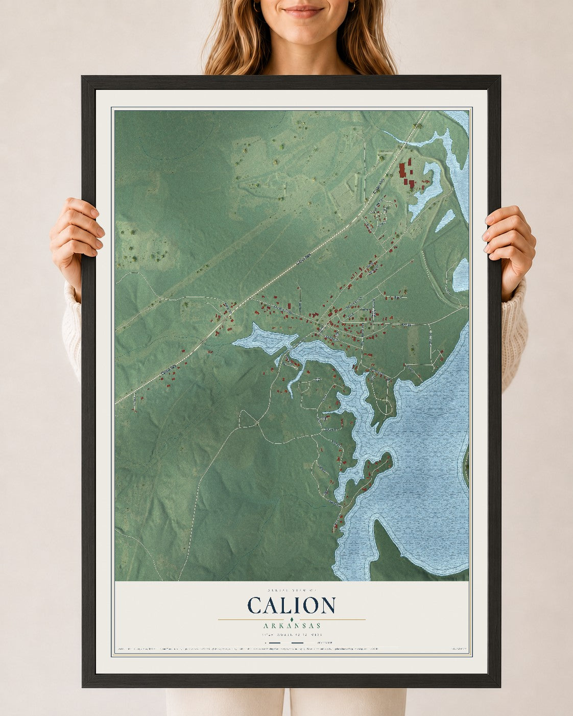 Map of Calion, Arkansas, 24 x 36 inch print in a black wood frame