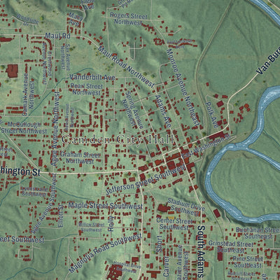 Close-up of the map of Camden, Arkansas print showing street and building detail