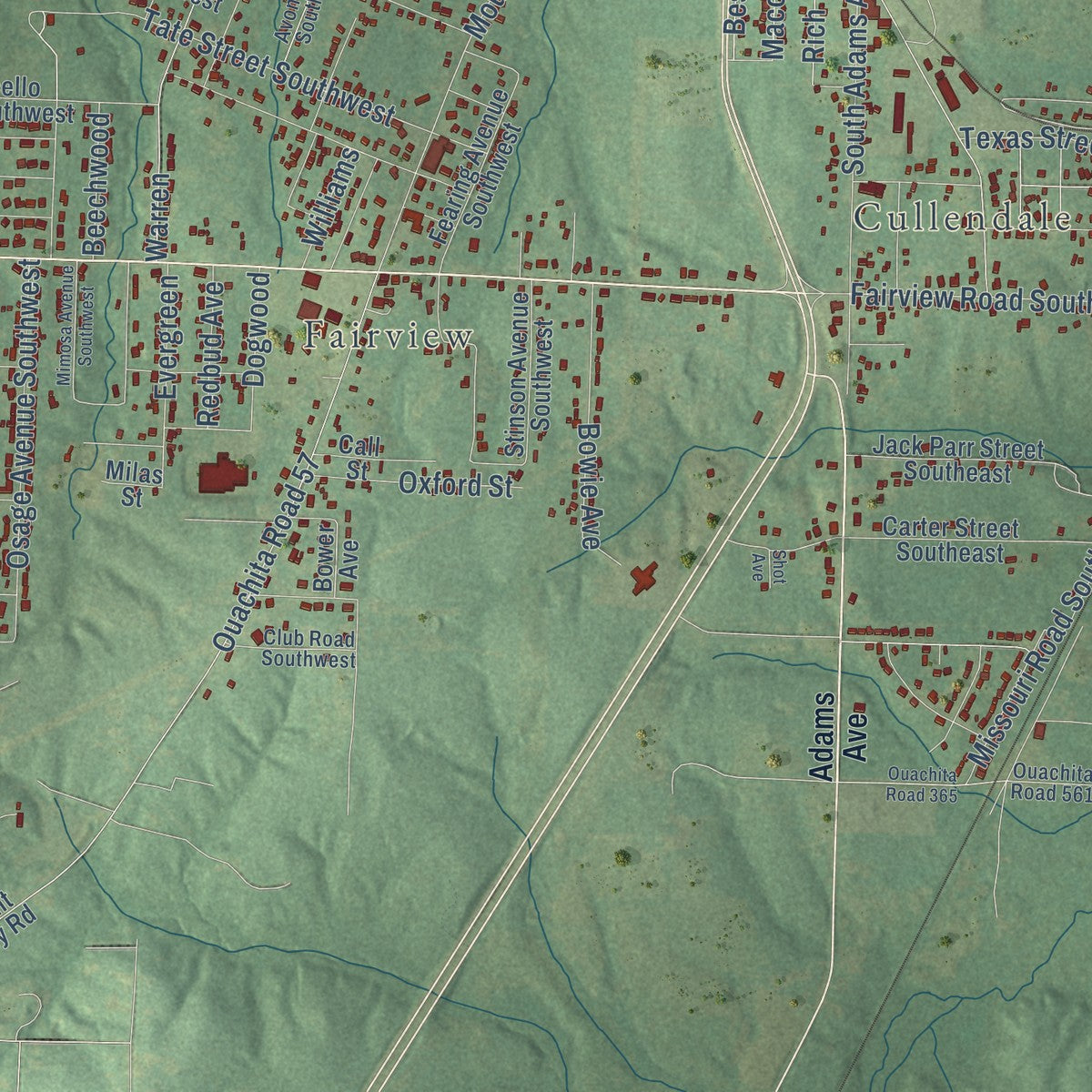 Second close-up of the map of Camden, Arkansas print showing more streets and buildings