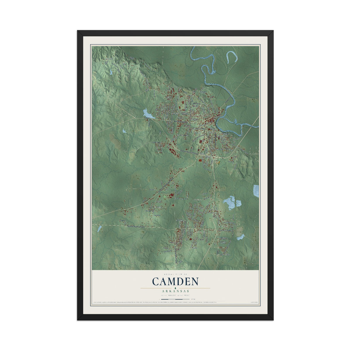 Map of Camden, Arkansas, 12 x 18 inch print in a black wood frame