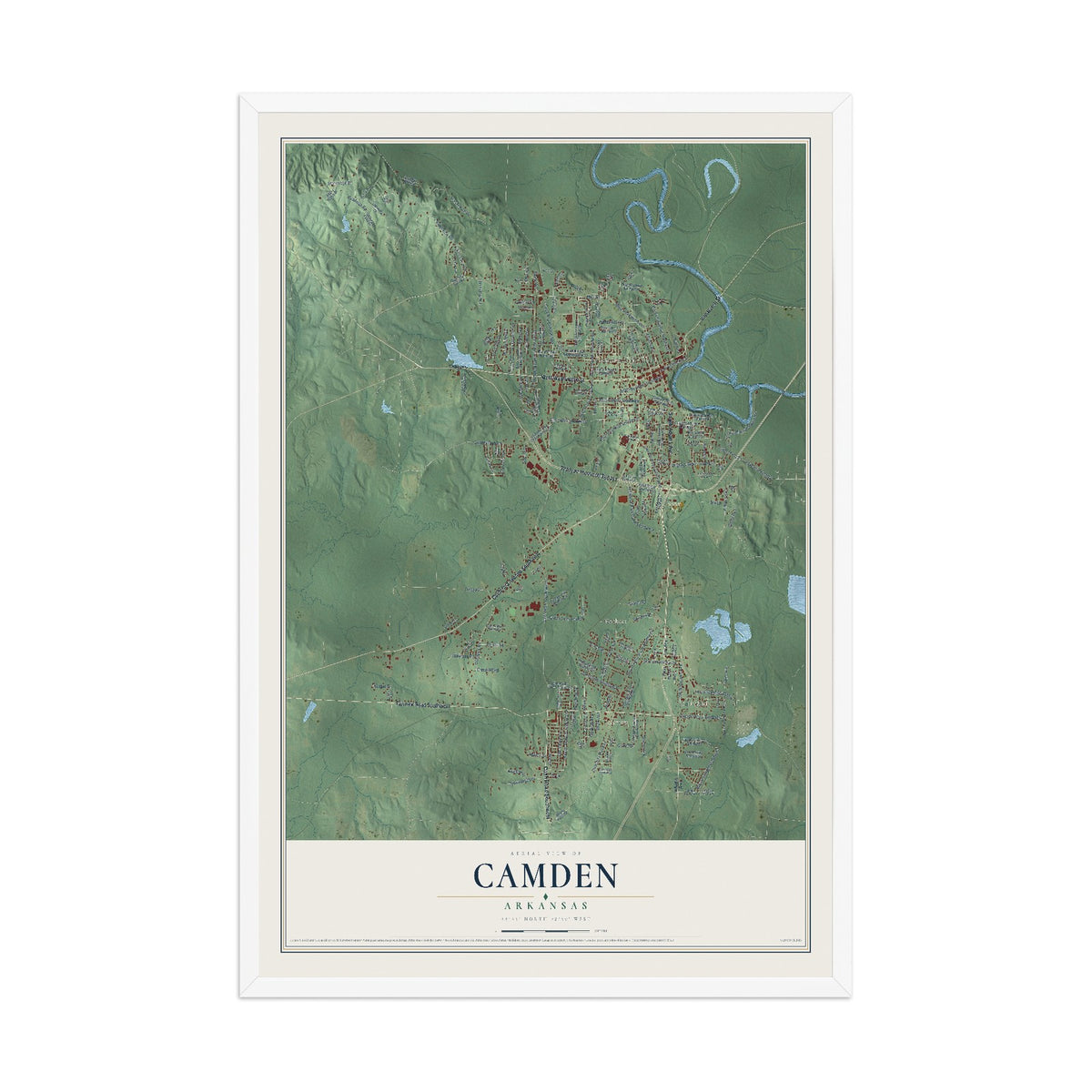 Map of Camden, Arkansas, 12 x 18 inch print in a white wood frame