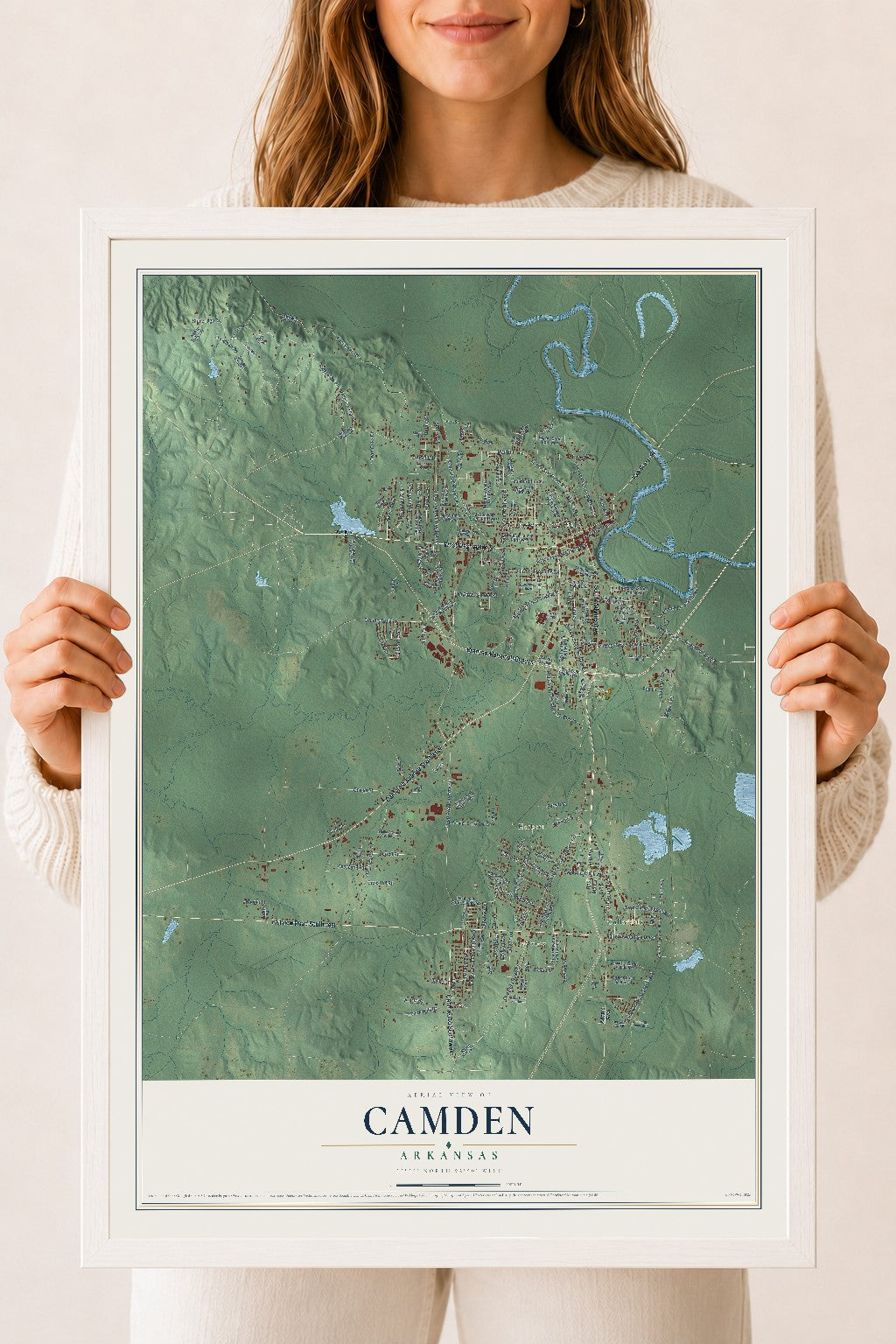 Map of Camden, Arkansas, 18 x 24 inch print in a white wood frame