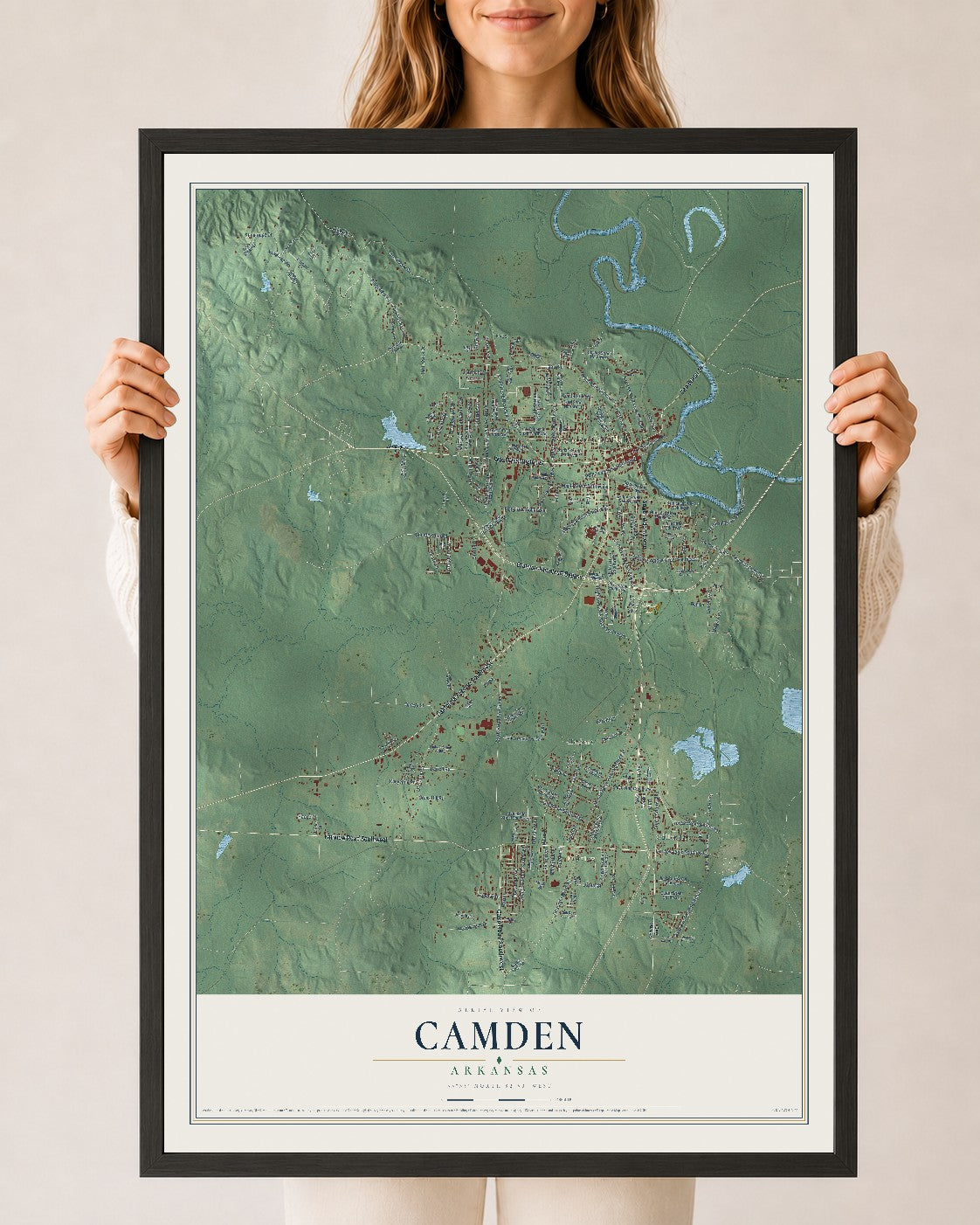 Map of Camden, Arkansas, 24 x 36 inch print in a black wood frame