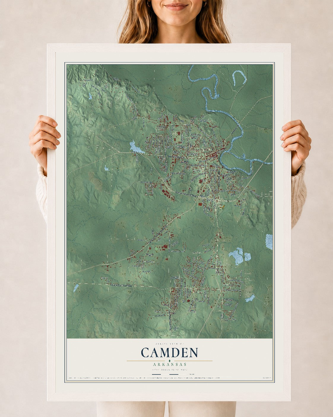 Map of Camden, Arkansas, 24 x 36 inch print in a white wood frame