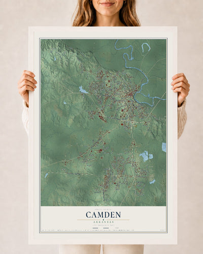 Map of Camden, Arkansas, 24 x 36 inch print in a white wood frame