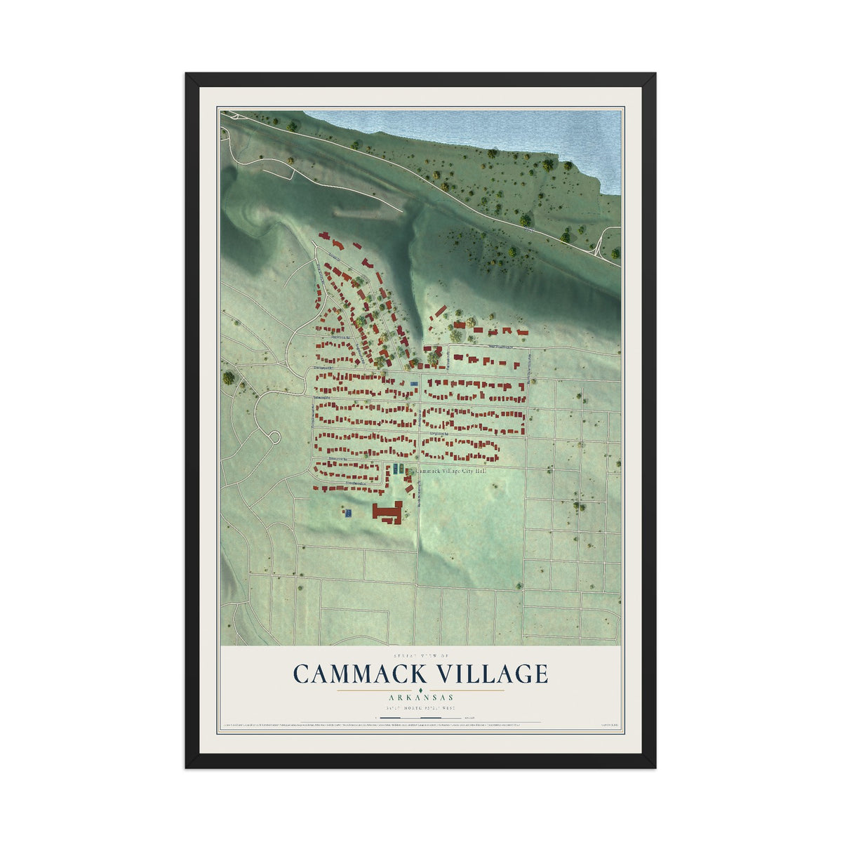 Map of Cammack Village, Arkansas, 12 x 18 inch print in a black wood frame