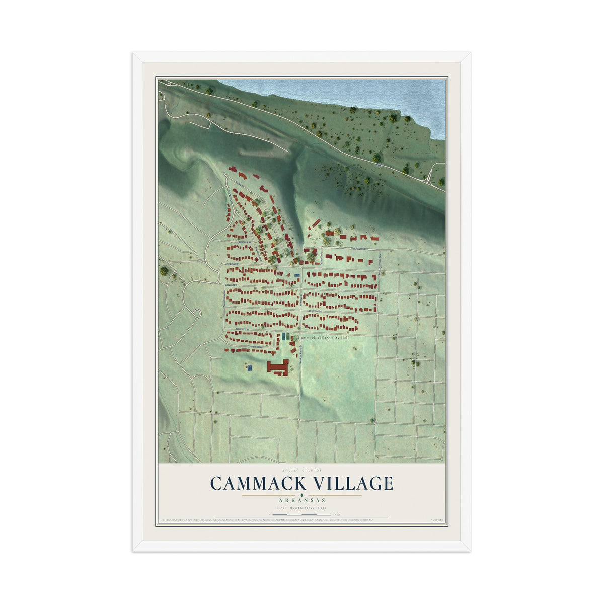 Map of Cammack Village, Arkansas, 12 x 18 inch print in a white wood frame