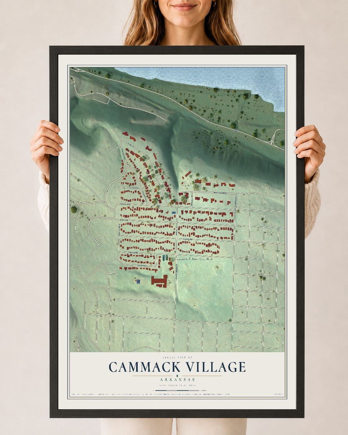 Map of Cammack Village, Arkansas, 24 x 36 inch print in a black wood frame