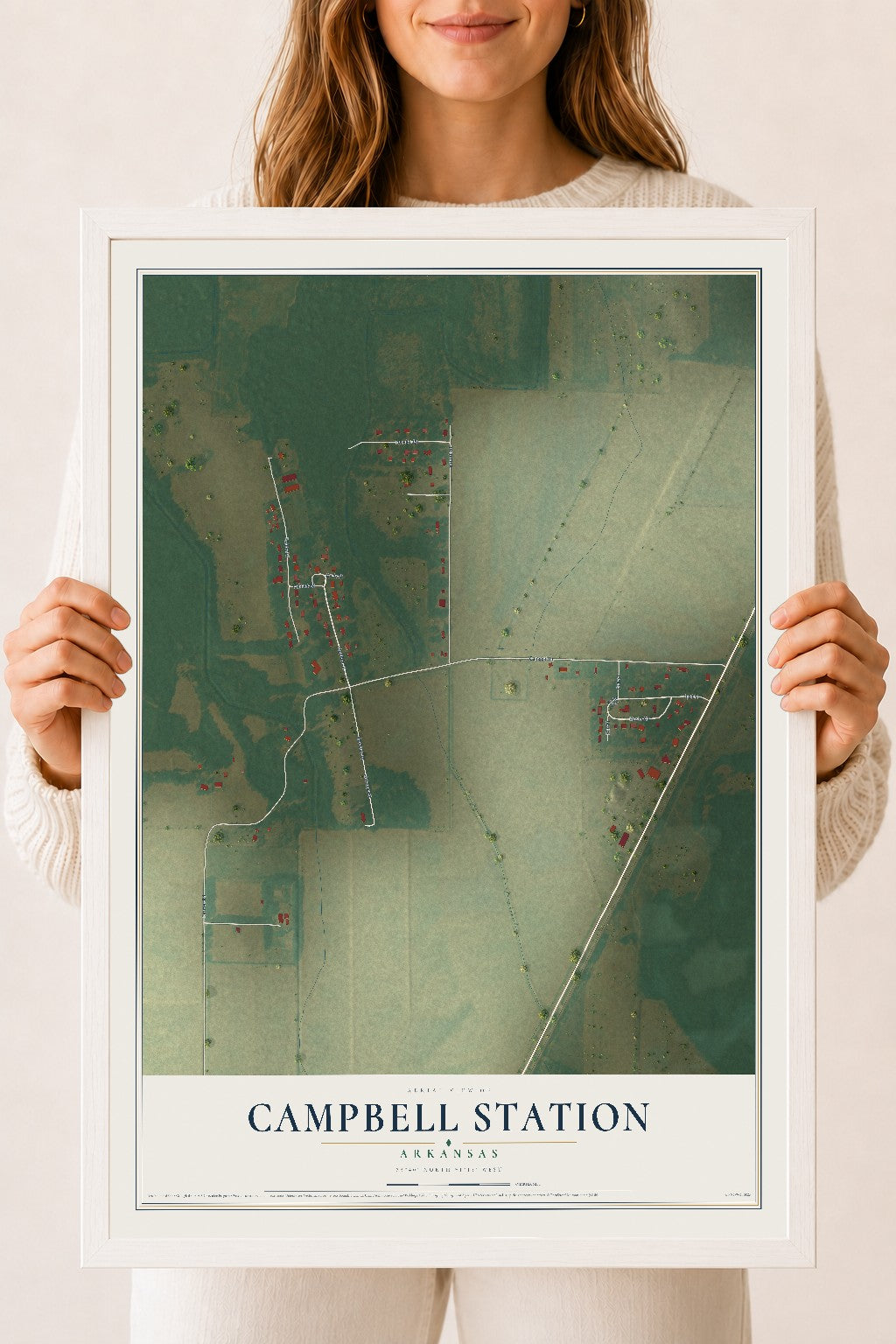 Map of Campbell Station, Arkansas, 18 x 24 inch print in a white wood frame