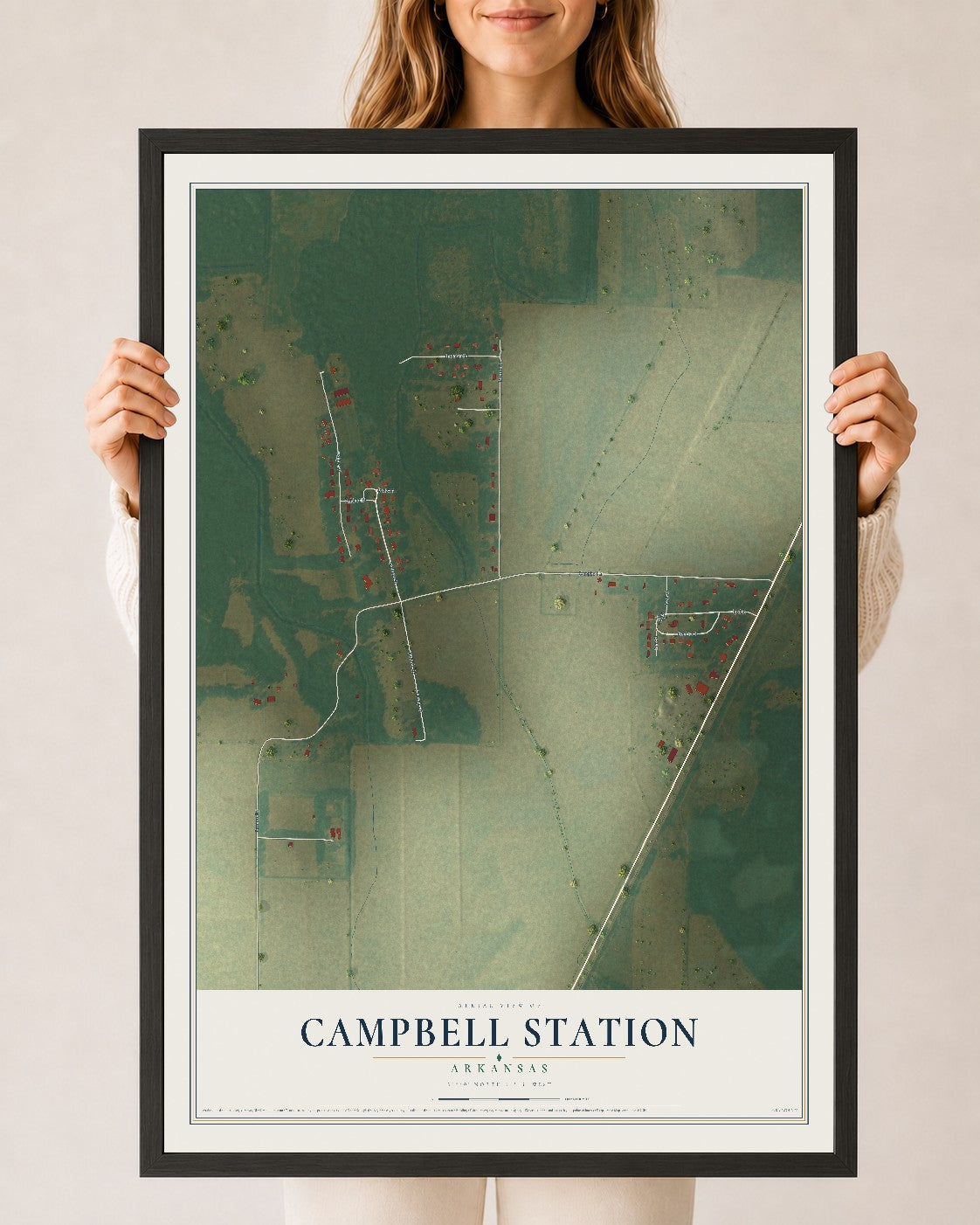 Map of Campbell Station, Arkansas, 24 x 36 inch print in a black wood frame