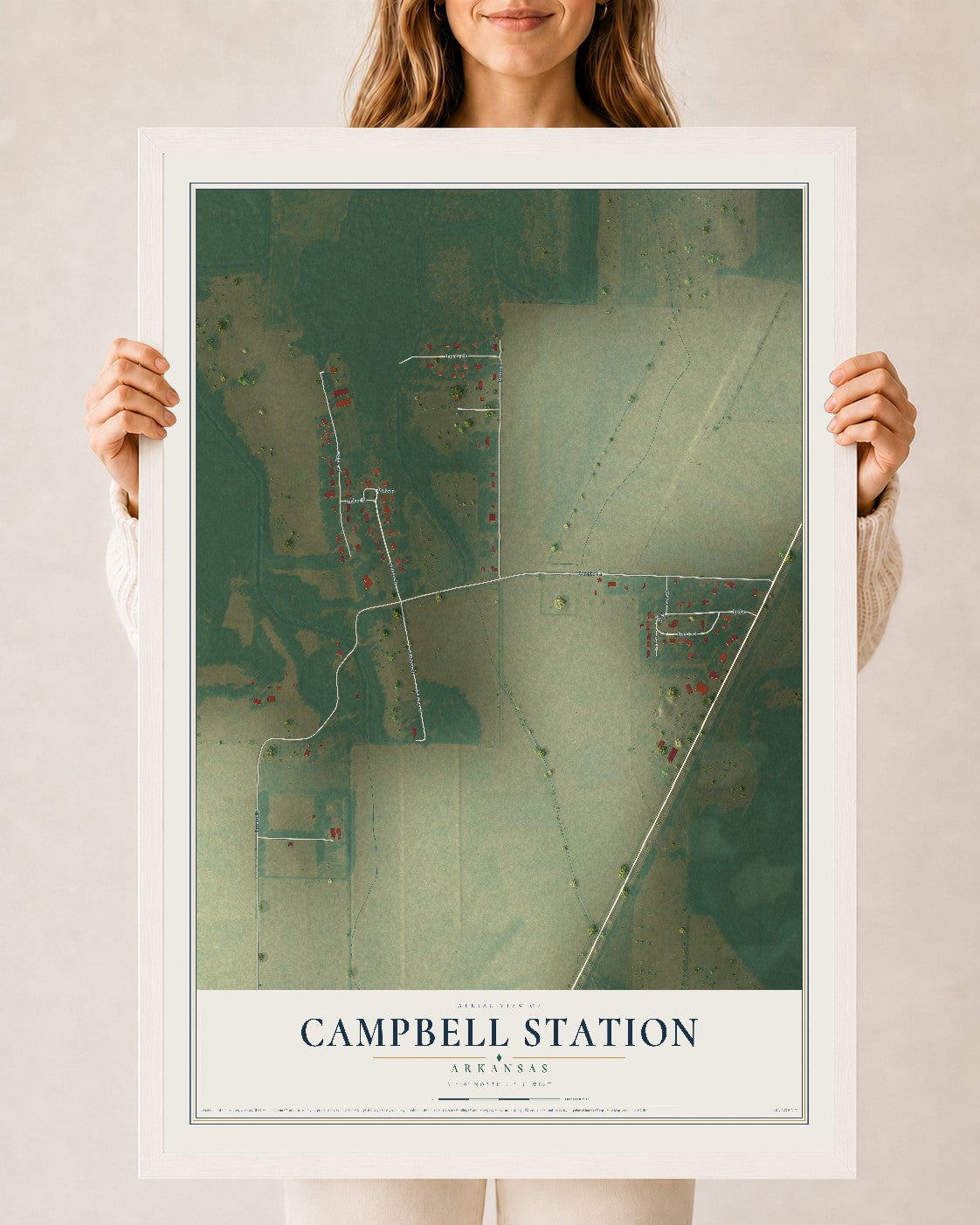 Map of Campbell Station, Arkansas, 24 x 36 inch print in a white wood frame
