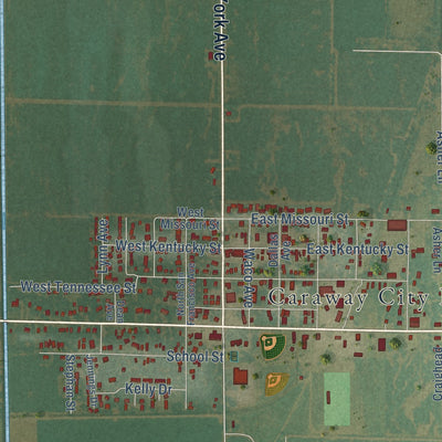 Close-up of the map of Caraway, Arkansas print showing street and building detail