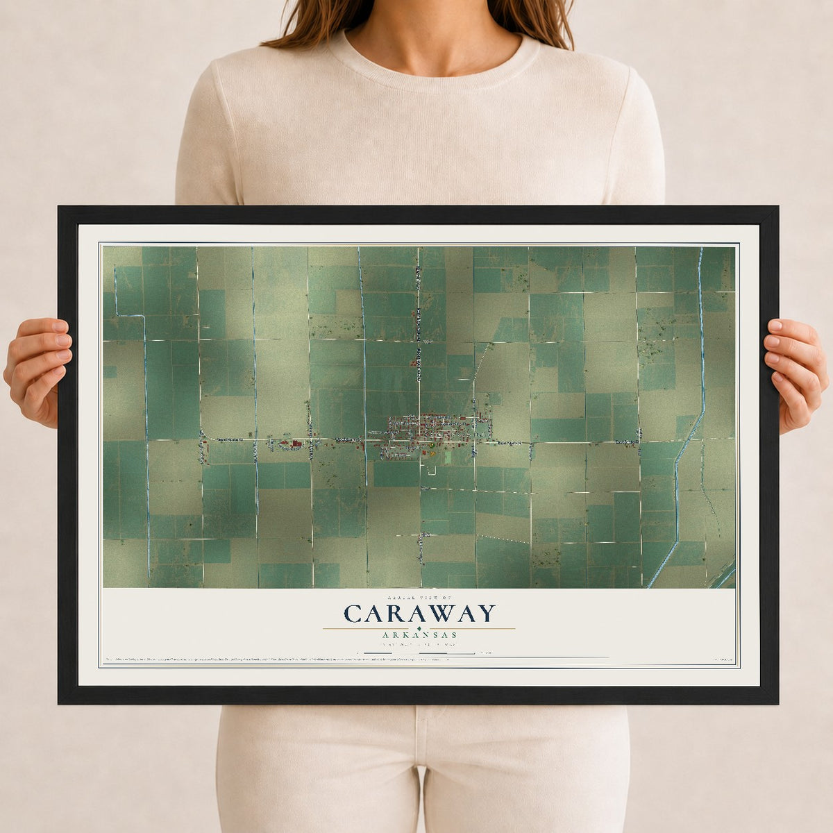 Map of Caraway, Arkansas, 12 x 18 inch print in a black wood frame