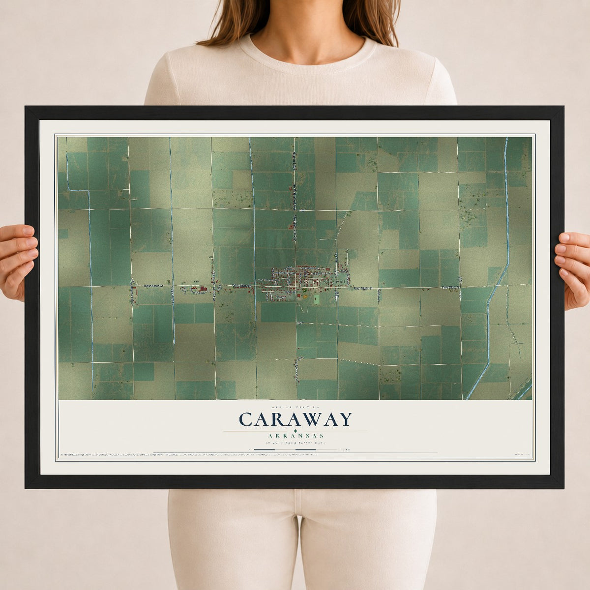 Map of Caraway, Arkansas, 18 x 24 inch print in a black wood frame