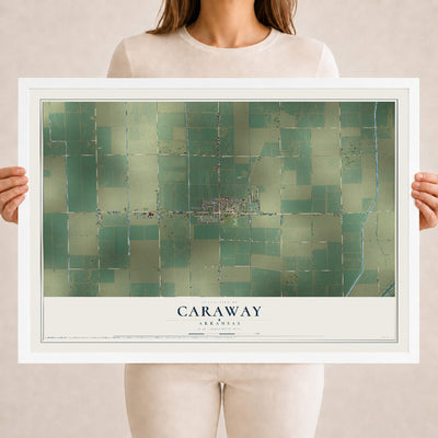 Map of Caraway, Arkansas, 18 x 24 inch print in a white wood frame