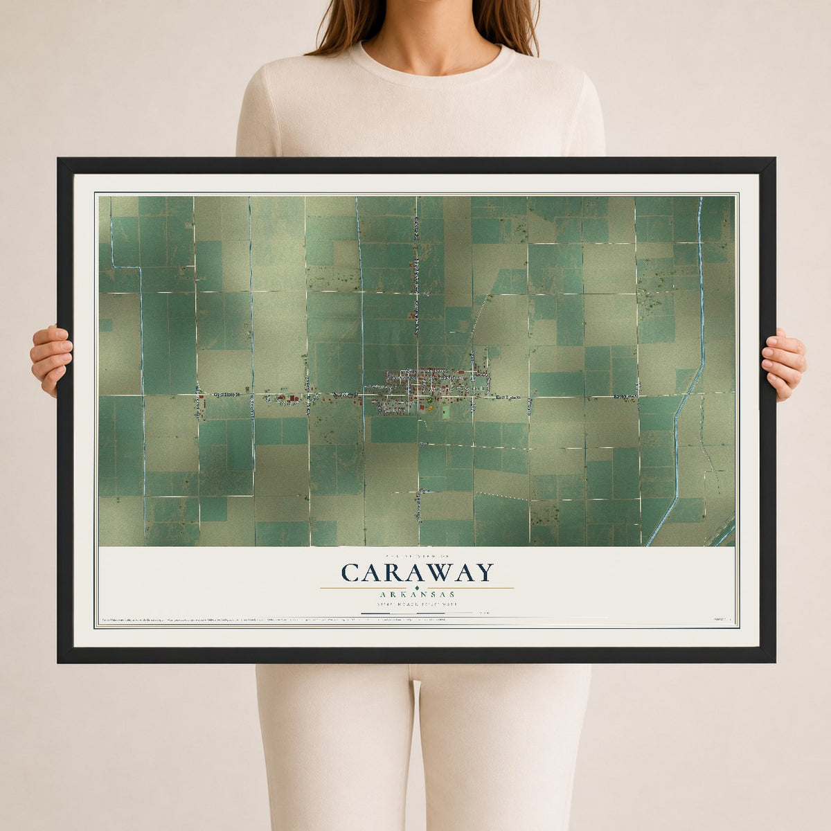 Map of Caraway, Arkansas, 24 x 36 inch print in a black wood frame